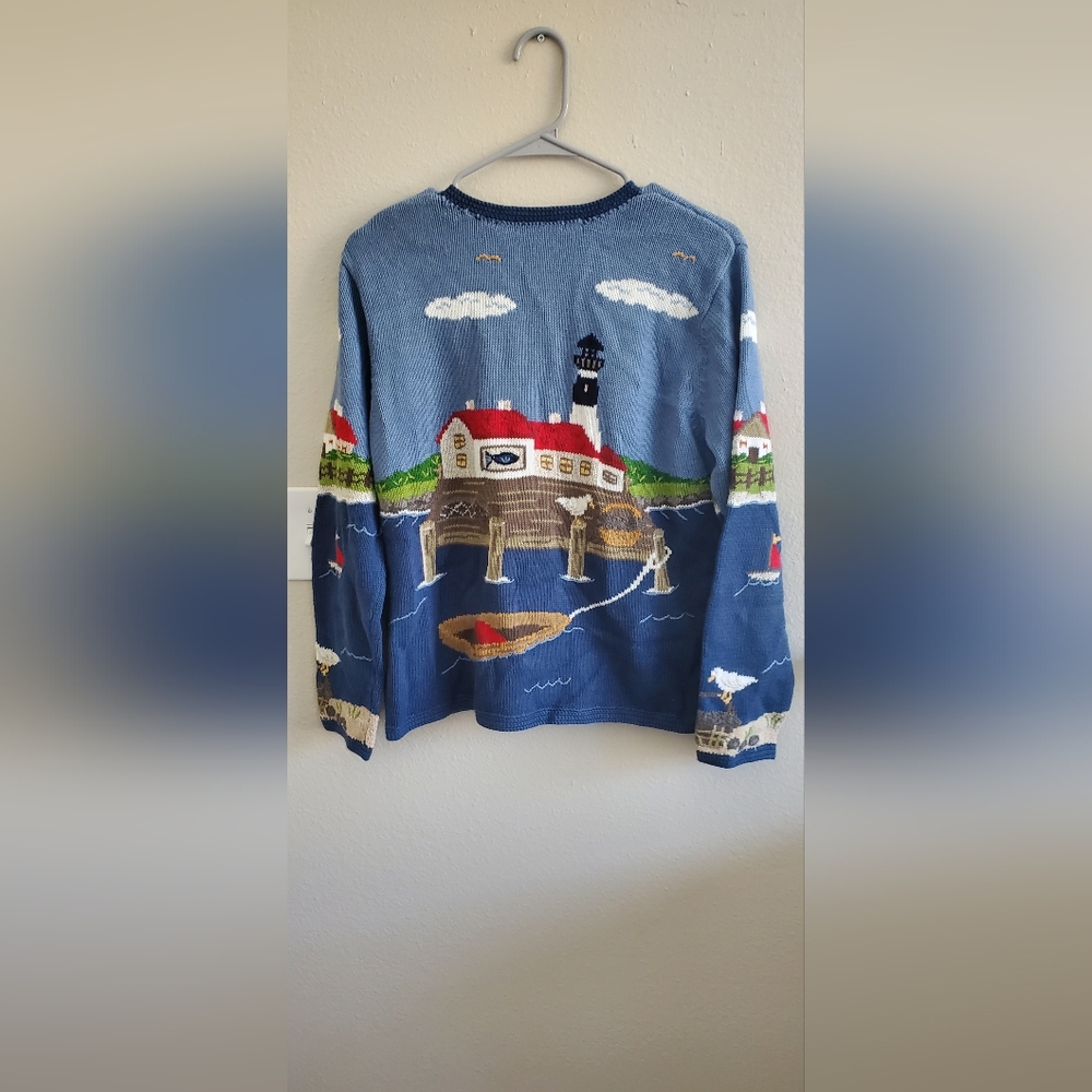 Nautical Themed Cardigan Sweater By Northern Isles Size M - Picture 2 of 3